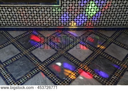 Marrakech City Landmark In Morocco. Bahia Palace Stained Glass Light Reflections.