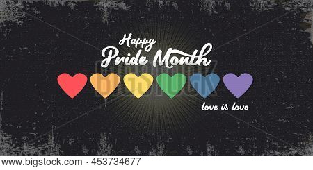 Happy Pride Month Horizontal Banner With Heart And Pride Color Flag Isolated On Grunge Grey Backgrou