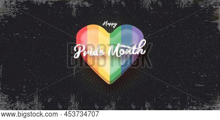 Happy Pride Month Horizontal Banner With Heart And Pride Color Flag Isolated On Grunge Grey Backgrou