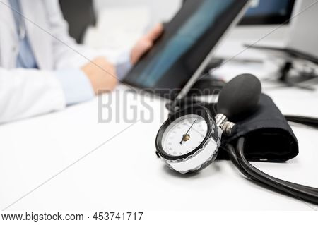 Hypertension Prevention. Close Up Image Of Blod Pressure Manometer Scale. High Quality Photo