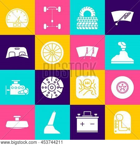 Set Gear Shifter, Car Brake Disk, Tire, Wheel, Windscreen, Speedometer And Windscreen Wiper Icon. Ve