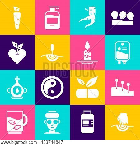 Set Massage, Acupuncture Therapy, Iv Bag, Ginger Root, Heart, Carrot And Aroma Candle Icon. Vector