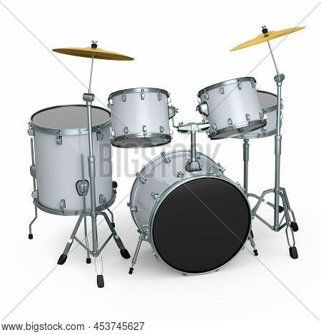 Set Of Realistic Drums With Metal Cymbals Or Drumset On White Background