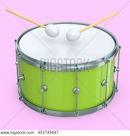 Realistic Drum And Wooden Drum Sticks On Pink. 3D Render Of Musical Instrument