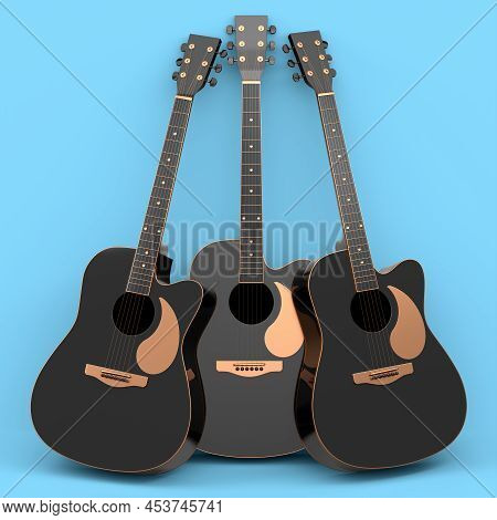 Set Of Electric Acoustic Guitar Isolated On Blue Background.