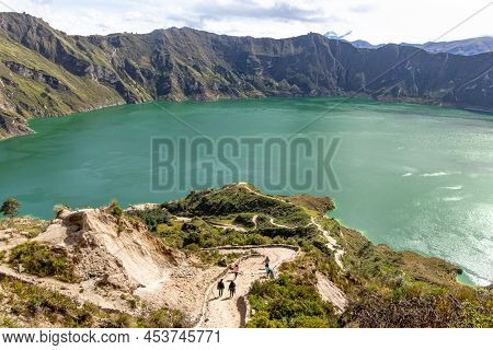 Lake Quilotoa In Caldera Of Eponymous Volcano Quilotoa.  Hiking Patch Down To The Lake. Cotopaxi Pro