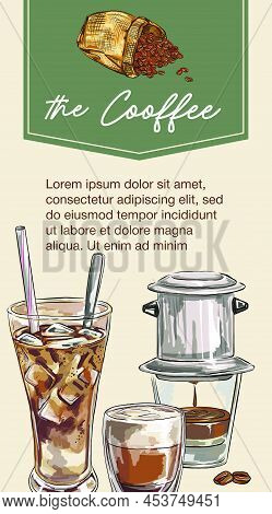 Hand Drawn Vietnamese Coffee Banner. Vector Illustration. Sticker, Graphic Style Elements: Label, Po