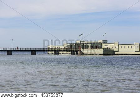 Malmo, Sweden - June 24, 2019:  Ribersborgs Open-air Bath Also Known As Ribban, Wooden Pier With Wal