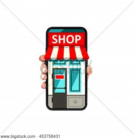 Hand Holding Smartphone Case With Online Shopping Boutique Shop Window. White Background. Concept Of