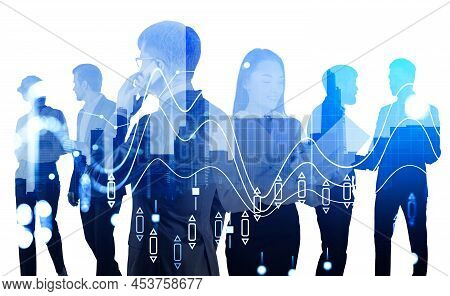 Business People Silhouettes Working Together, Talk And Call On The Phone. Double Exposure Of Stock M