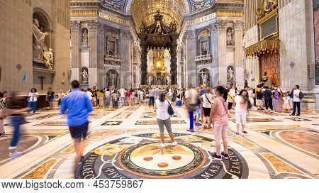 Rome, Vatican State - August 24, 2018: Interior Of Saint Peter Basilica With Mass-tourism Arrival