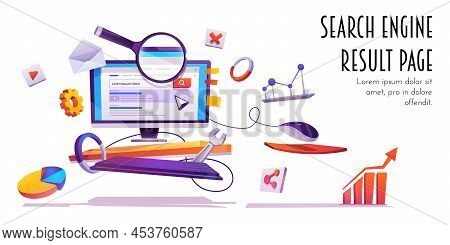 Search Engine Result Page, Serp Banner. Computer Monitor With Website Browser Information On Screen,