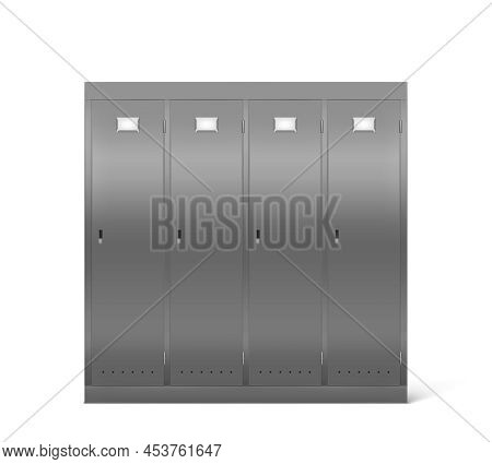 Steel Lockers In School Corridor Or Changing Room In Gym. Vector Realistic Interior With Individual 