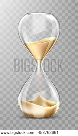 Sand Hourglass, Glass Timer With Falling Golden Grains. Vector Realistic Sand Clock Isolated On Tran