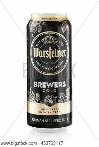 London,uk - March 02,2022: Warsteiner Brewers Gold Lager Beer In Aluminium Can