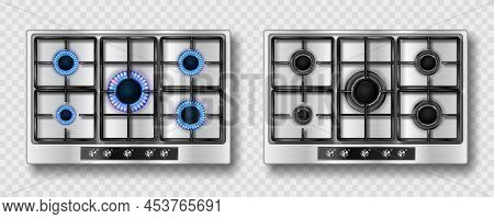 Gas Stove With Blue Flame And Black Steel Grate. Kitchen Stainless Cooktop With Lit And Off Burners.