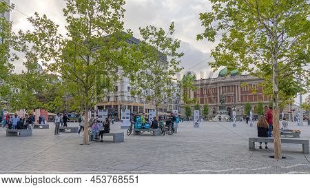 Belgrade, Serbia - September 28, 2021: Wolt Delivery Bicycle Drivers At Republic Square Nice Autumn 