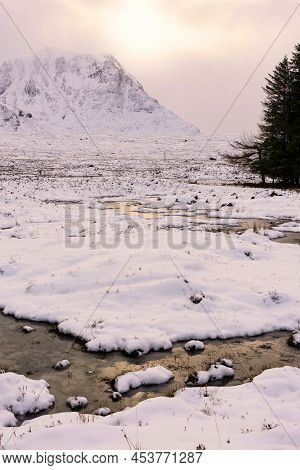 Beautiful Winter Sunrise Landscape Image Of River Etive In Rannoch Moor In Socttish Highlands With G
