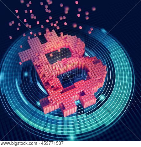 Bitcoin 3d Illustration. Futuristic Concept Of Mining Cryptocurrency. Bright Pixel Symbol On A Dark 