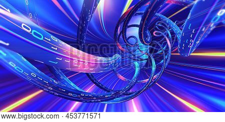 Cyber Spiral. Purple Neon Lights, Pink Blue Bright Colors, Laser Show. 3d Illustration Ultraviolet N