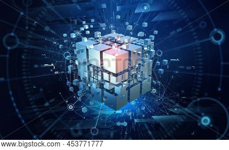 Hi-tech Square Blocks Are Collected In A Cubic Array Against The Background Of Information Fields. 3