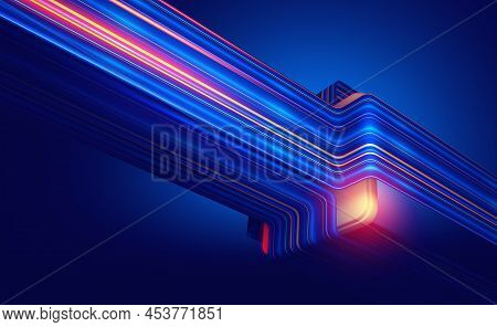 Quantum Flow Of Information. Strings, Beams Of Digital Flow. Cpu, Processor And Data Loop. Tension, 