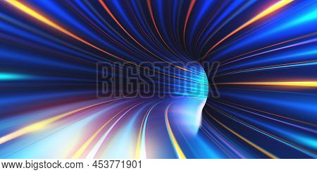 Collider Inside. Saturn Rings. Abstract Photons In A Cyberspace Tunnel. Speed Of Light And Interstel