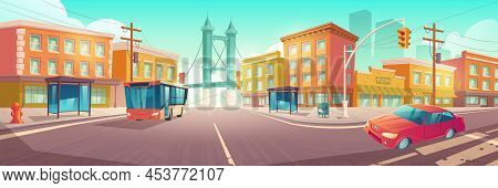 City Crossroad With Bus And Car On Transport Intersection With Zebra Crossing, Traffic Lights And St