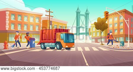 Street Cleaning With Garbage Truck And Sweeper Characters In City. Workers Sorting Trash, Sweep And 