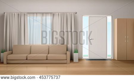 Living Room Interior With Couch, Wardrobe, Curtained Window And Door With Glass Panels. Empty Modern