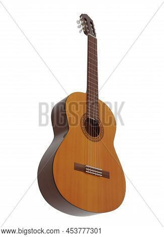 Six-string Wooden Classical Acoustic Guitar Isolated White Background