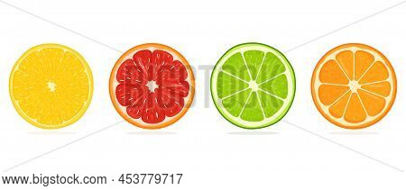 Set Of Juicy Citrus Slices.stock Vector Illustration. Lemon, Orange, Grapefruit, Lime Icons. Bright 