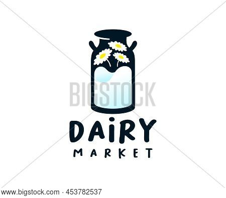 Milk Can With Milk And Flowers, Logo Design. Dairy, Food, Cow Farm And Rancho, Vector Design And Ill