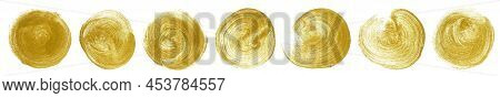 Set Of Round-shaped Golden Brush Strokes. Smears Of Acrylic Paint Isolated On White Background. Gold