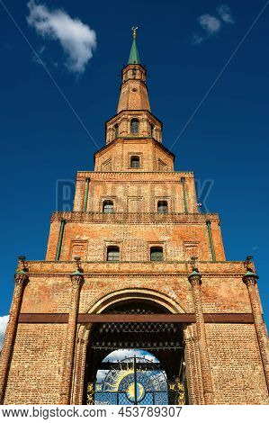 Suyumbike Tower In Kazan Kremlin Close-up, Tatarstan, Russia. This Leaning Building Is Old Landmark 