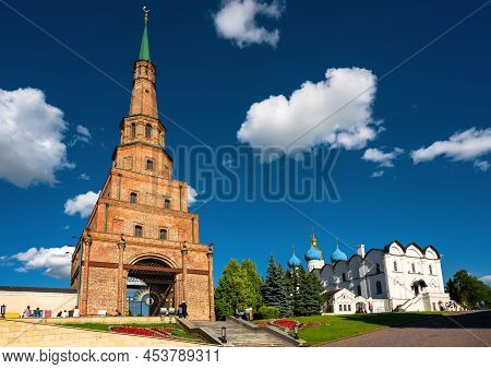 Kazan Kremlin In Summer, Russia. Old Suyumbike Tower With Entrance To Residence Of Tatarstan Preside
