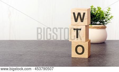 Letters Of The Alphabet Of Wto On Wooden Cubes, Green Plant, White Background. Wto - Short For World