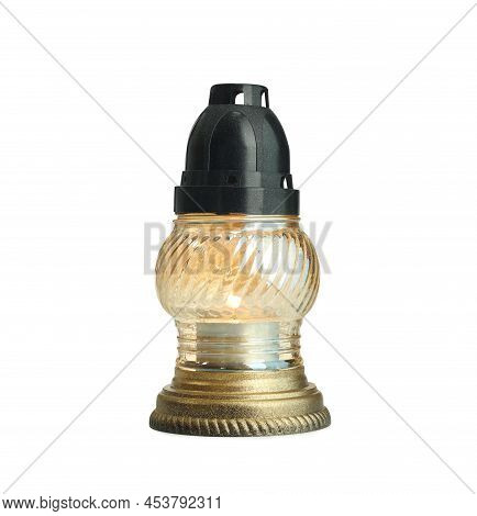 Transparent Grave Light With Burning Candle Isolated On White. Symbol Of Remembrance