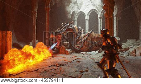 Fantasy Battle Scene With Dragon Attacking Medieval Knight 3d Illustration