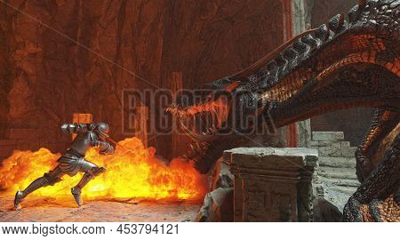 Fantasy Battle Scene With Dragon Attacking Medieval Knight 3d Illustration