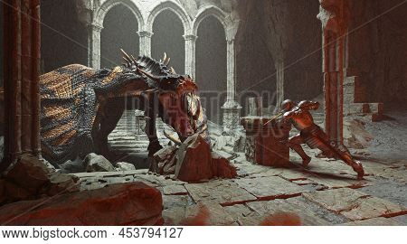 Fantasy Battle Scene With Dragon Attacking Medieval Knight 3d Illustration