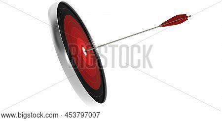 Arrow Hit On The Bulleye Of Target Board, 3d Rendering