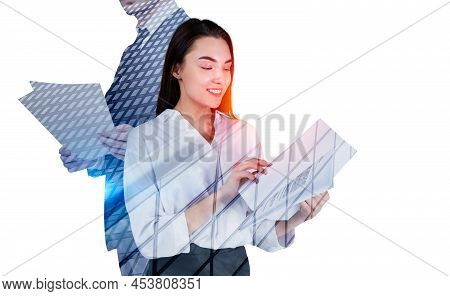 Businesswoman And Businessman Wearing Formal Wear Are Standing Holding Documents. City Skyscraper In