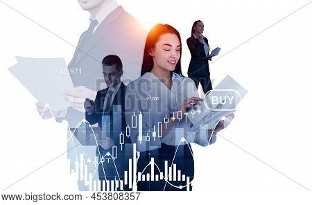Businesswoman And Businessman Wearing Formal Wear Are Standing Holding Documents. Financial Graph An