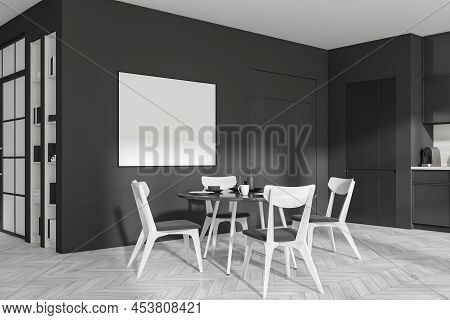 Corner View On Dark Kitchen Room Interior With Empty White Poster, Dining Table With Chairs, Cupboar