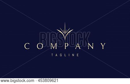 Vector Golden Logo On Which An Abstract Image Of The Letter V In The Form Of A Bird With A Shining S