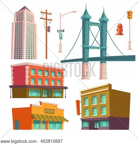 City Buildings, Modern Houses Architecture Bridge, Store, Pizzeria And Multistory Skyscraper Tower, 