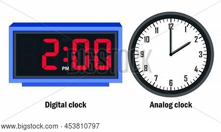 Digital Clock And Analog Clock Time 02.00, Vector