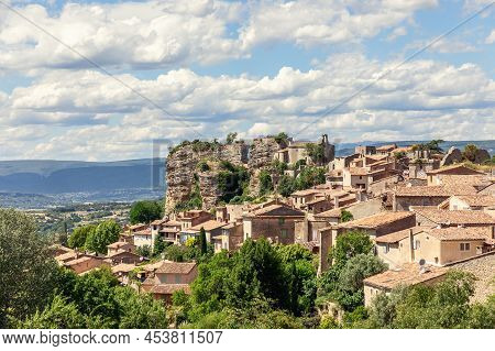 General View Of Ancient Saignon City On Prominent Bellevue Rock Point Over Calavon Valley, Vaucluse,
