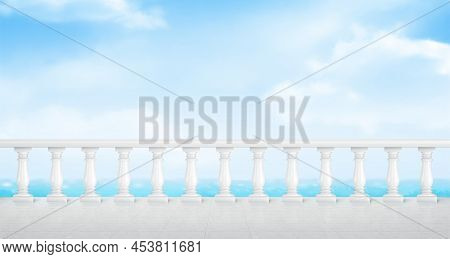 White Marble Balustrade On Balcony With Tiled Floor And Overlooking To Sea. Stone Handrail In Classi